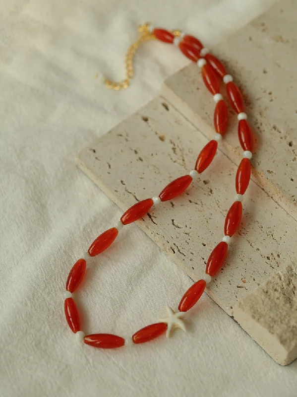 Ladies wedding diamond necklace-Red Agate Starfish Beaded Necklace