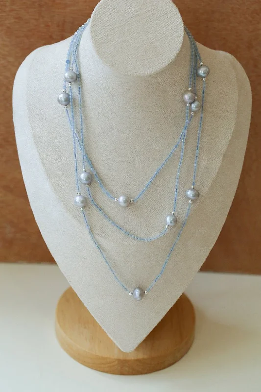 Ladies precious gemstone necklace-Refreshing Aquamarine Grey Pearl Long Beaded Necklace