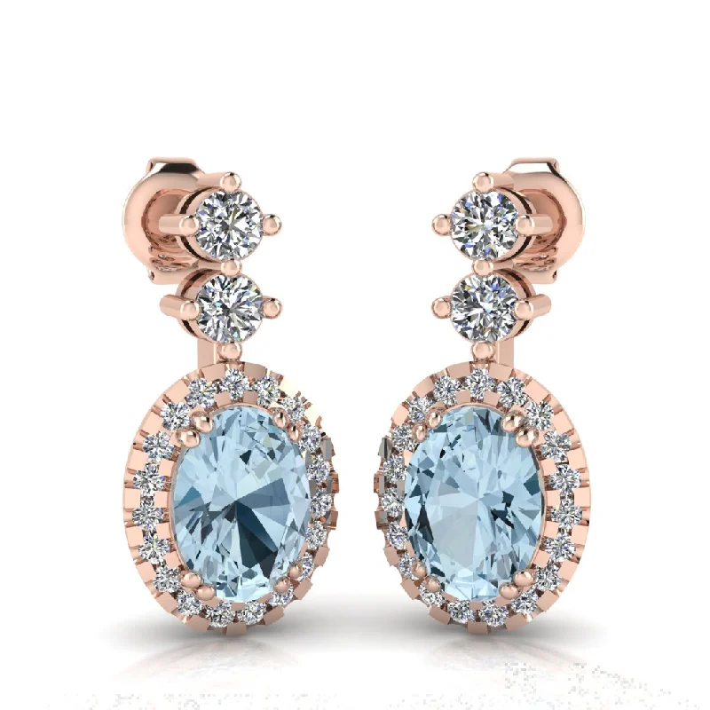 Ladies celestial earrings-Aquamarine 1.40 Carat Oval Shape Halo Lab Grown Diamond Drop Earrings E1OCA