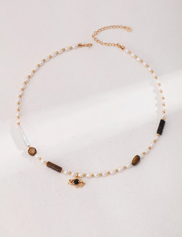 Ladies elegant diamond necklace-Vintage Gold Pearl Tiger Eye Beaded Necklace with Eye Pendant