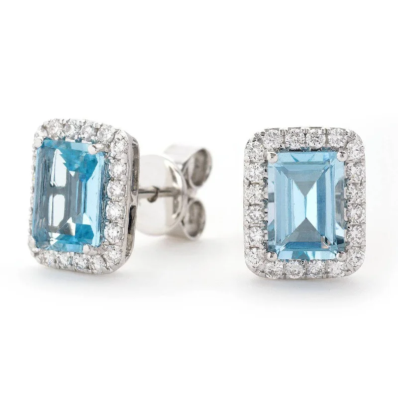 Ladies simple stud earrings-AQUAMARINE HALO STUD EARRINGS