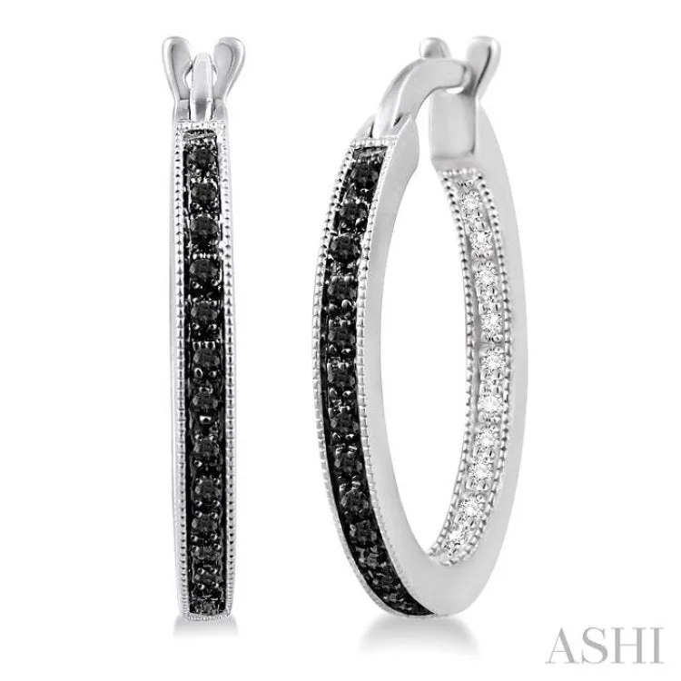 Ladies minimalist earrings-1/3 Ctw White and Black Diamond Hoop Earrings in Sterling Silver