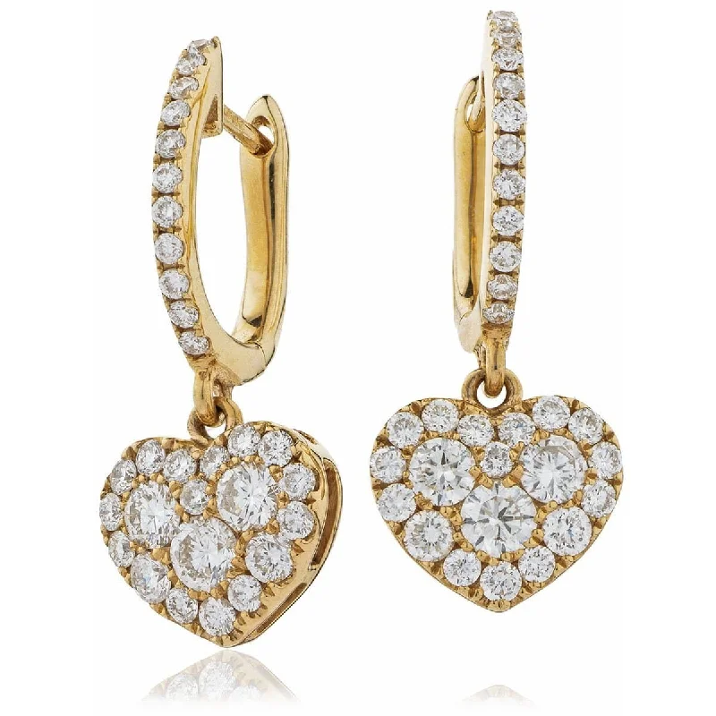 Ladies fashion earrings-DIAMOND HEART-SHAPED CLUSTER HOOP DROP EARRINGS IN 18K ROSE GOLD