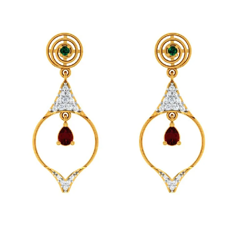 Ladies flower-shaped earrings-Diamond Studded Drop Dangler With Marvellous Red Stone In 18k Gold Earrings