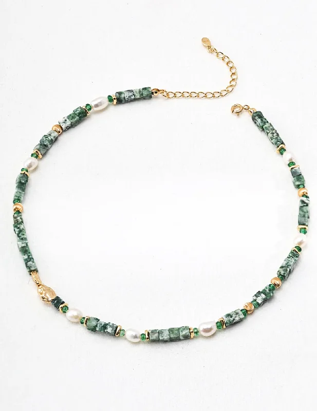 Ladies diamond necklace-Green Cubic Jade and Pearl Beaded Necklace