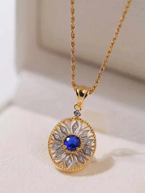 Ladies wedding diamond necklace-Oval Hollow Silver Petal Wrapped Sapphire Pendant Necklace