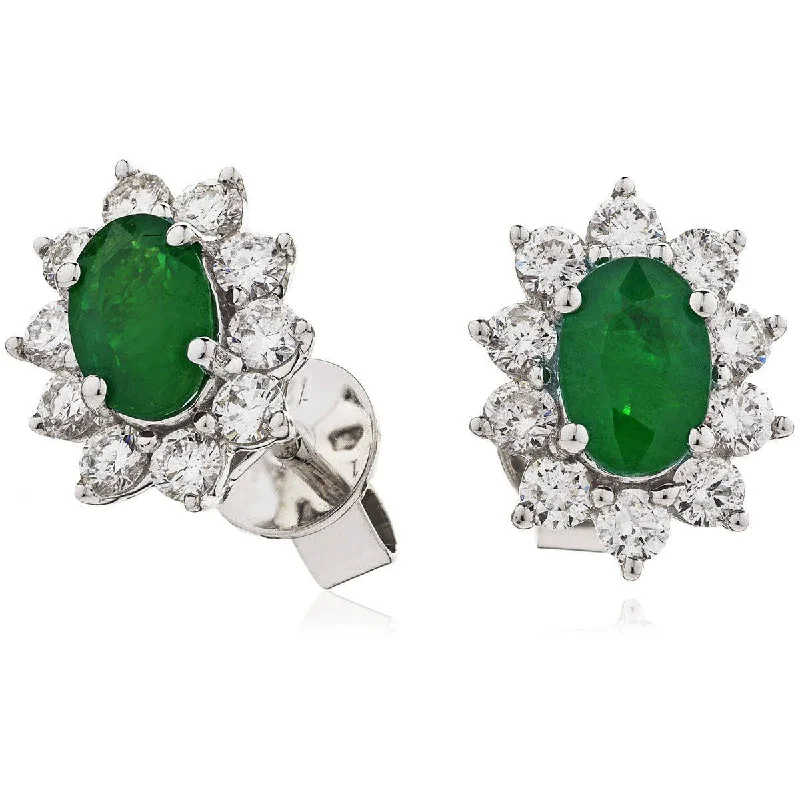 Ladies vintage earrings-EMERALD AND DIAMOND CLUSTER EARRINGS