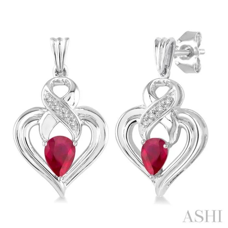 Ladies gemstone drop earrings-5x3 mm Pear Shape Ruby and 1/50 Ctw Single Cut Diamond Earrings in Sterling Silver