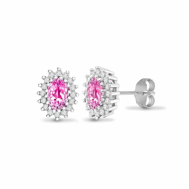 Ladies personalized stud earrings-PINK SAPPHIRE HALO STUD EARRINGS IN 9K WHITE GOLD