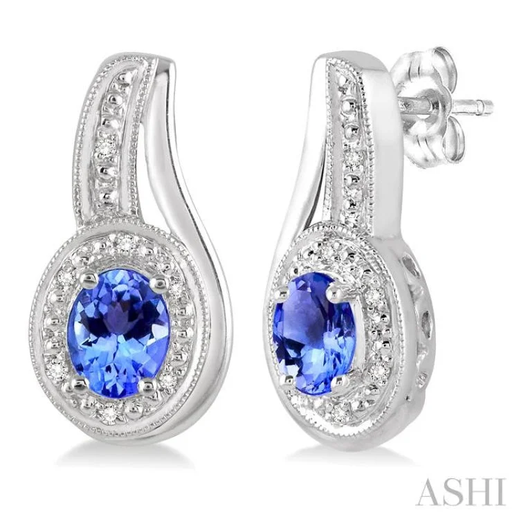 Ladies chandelier earrings-5x3 MM Oval Cut Tanzanite and 1/50 Ctw Round Cut Diamond Earrings in Sterling Silver