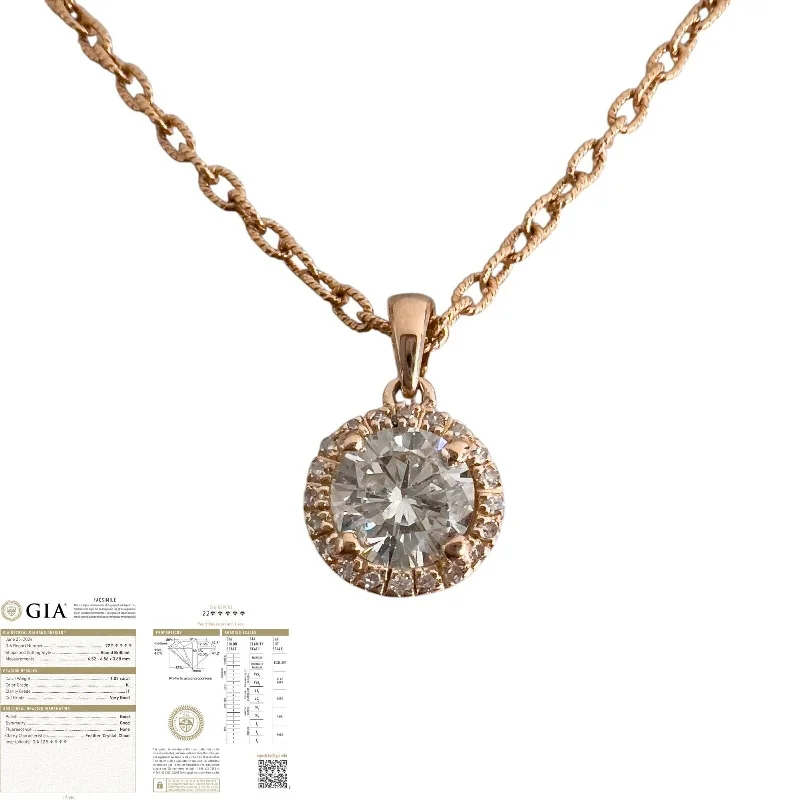 Ladies matching necklace set-14k Rose Gold GIA K I1 1.02ct Diamond Halo Pendant Necklace 0.15ctw 16"