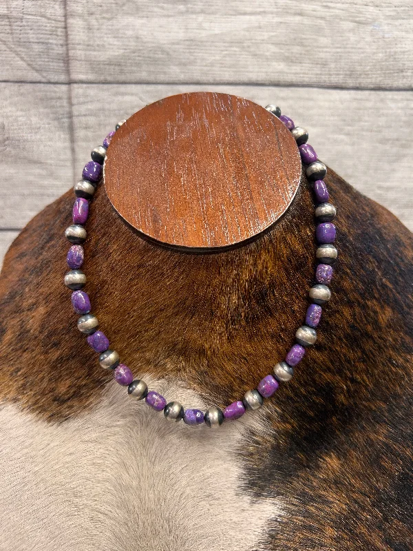 Ladies turquoise necklace-Silver Pearls with Purple Mojave