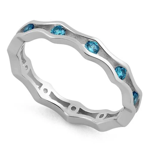 Ladies stackable ring-Sterling Silver Wavy Eternity Aqua Blue CZ Ring