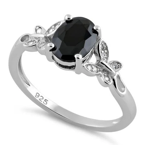 Ladies colorful gemstone ring-Sterling Silver Double Butterfly Black Center Stone CZ Ring