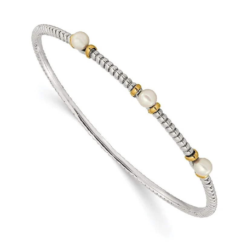 Ladies luxury bracelet-Sterling Silver w/14k Two-Tone 4.5mm FW Cultured Button Pearl Bangle Bracelet