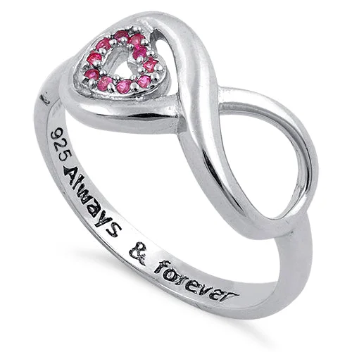 Ladies stackable ring-Sterling Silver Infinity Ruby Heart "Always & Forever" Engraved CZ Ring