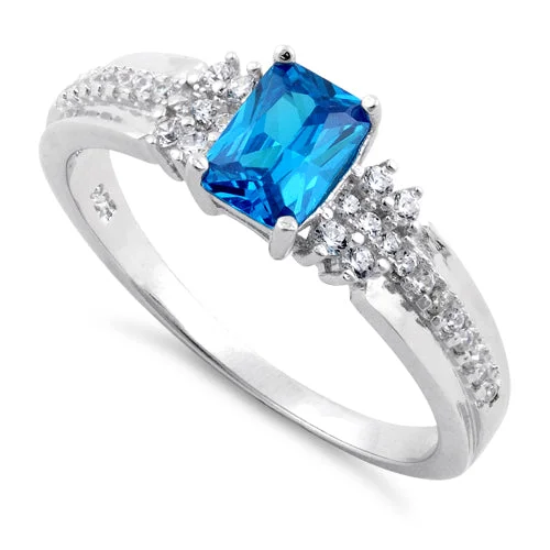 Ladies colorful gemstone ring-Sterling Silver Blue Topaz Rectangle CZ Ring