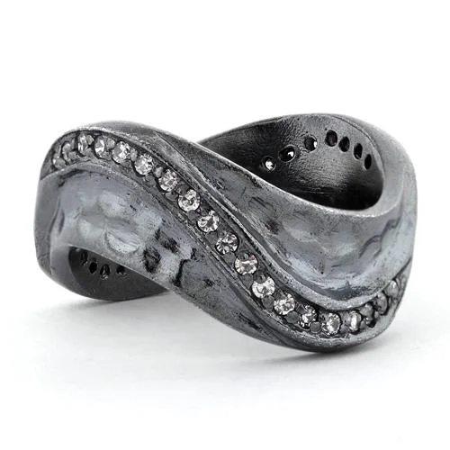 Ladies diamond ring-Sterling Silver Abstract Oxidized CZ Ring