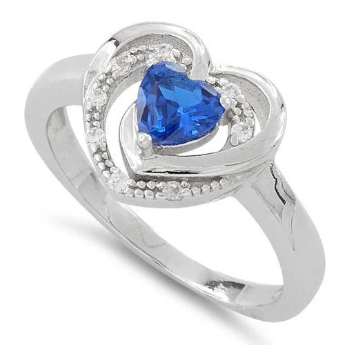 Ladies cushion cut diamond ring-Sterling Silver Precious Heart Blue Sapphire CZ Ring