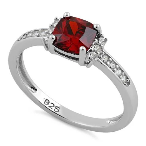 Ladies luxury diamond ring-Sterling Silver Cushion Dark Garnet CZ Ring