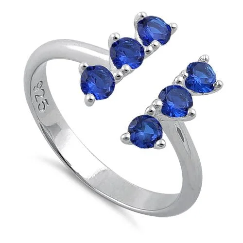 Ladies stacked rings set-Sterling Silver Blue Sapphire Six Round Stones Adjustable CZ Ring