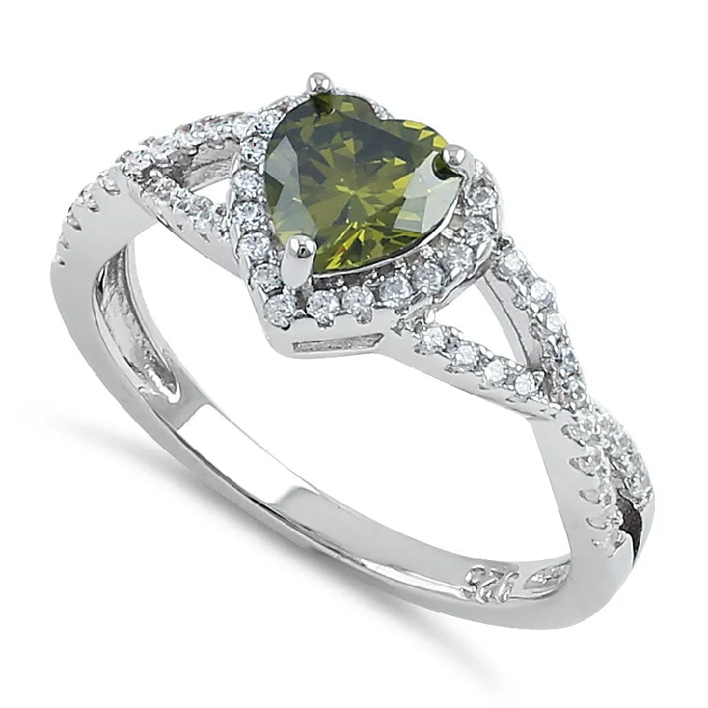 Ladies custom gold ring-Sterling Silver Heart Halo Twist Peridot CZ Ring