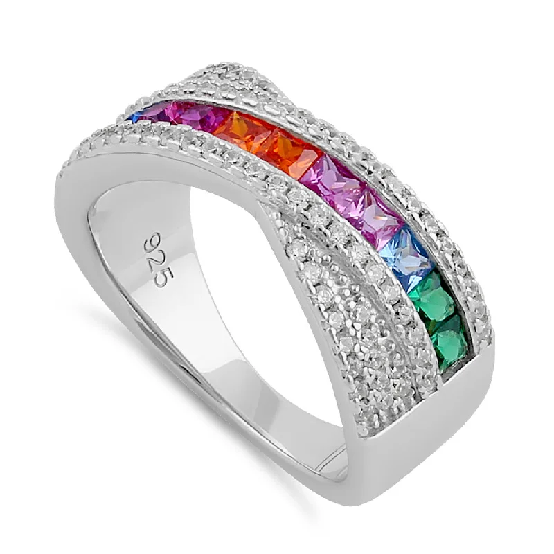 Ladies solitaire engagement ring-Sterling Silver Rainbow CZ Twist Ring