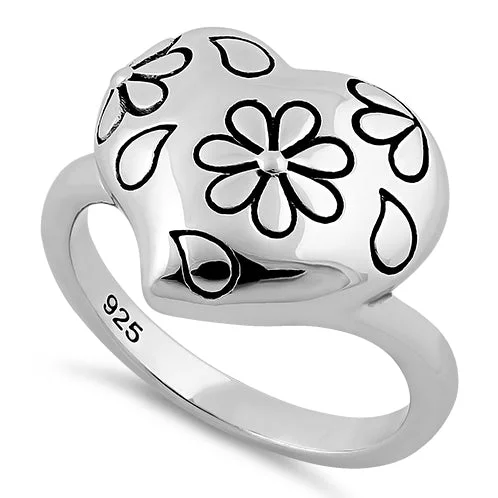 Ladies modern gold ring-Sterling Silver Flower Leaf Heart Ring