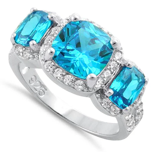 Ladies silver ring-Sterling Silver Aqua Blue Three Stone Halo CZ Ring