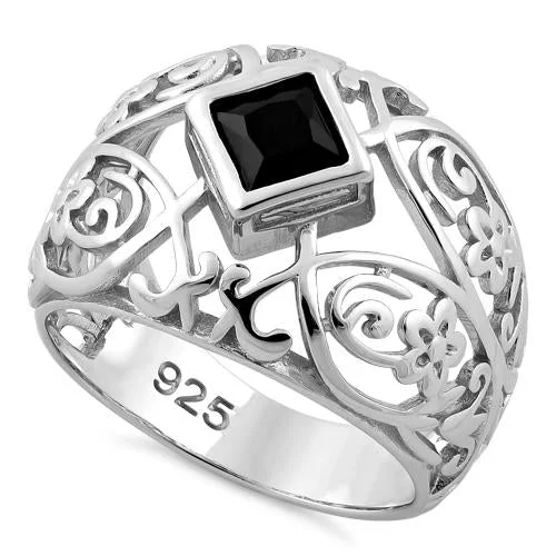 Ladies silver eternity ring-Sterling Silver Fleur-de-lis Flower Black CZ Ring