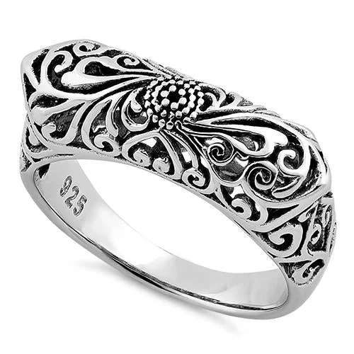 Ladies personalized gold ring-Sterling Silver Floral Statement Ring