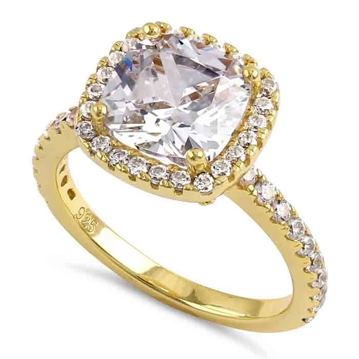 Ladies wedding band-Sterling Silver Gold Plated Cushion Cut Clear CZ Ring