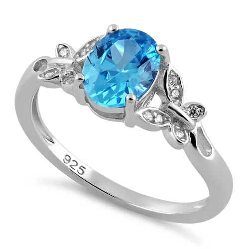 Ladies stackable ring-Sterling Silver Double Butterfly Aqua Center Stone CZ Ring