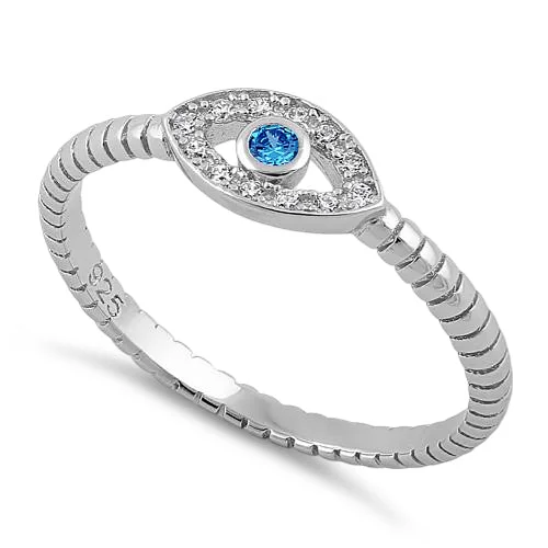 Ladies stacking rings-Sterling Silver Aqua Blue Stone Evil Eye CZ Ring