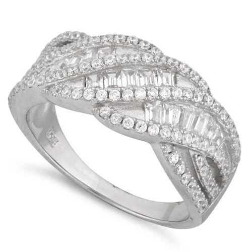 Ladies engagement ring with matching band-Sterling Silver Twisted Pave CZ Ring