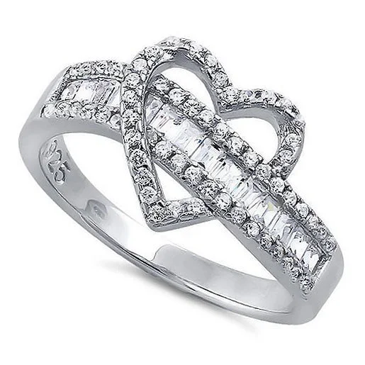 Ladies double band ring-Sterling Silver Exotic Heart Clear CZ Ring