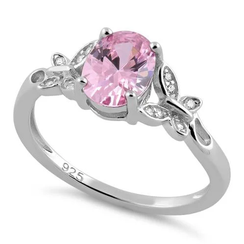 Ladies pearl ring-Sterling Silver Double Butterfly Pink Center Stone CZ Ring