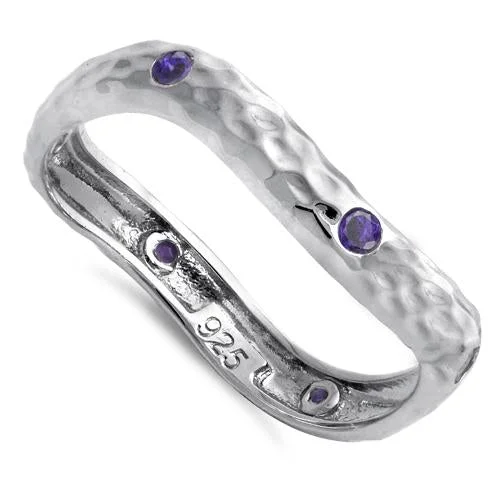 Ladies fashion ring-Sterling Silver Wavy Hammered Amethyst CZ Ring