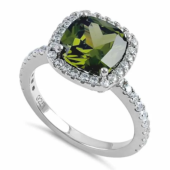 Ladies three-stone ring-Sterling Silver Cushion Cut Peridot and Clear CZ Ring