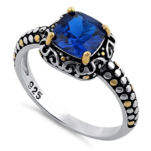 Ladies three-stone ring-Sterling Silver Celtic Blue Spinel Cushion CZ Ring