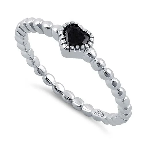 Ladies colored diamond ring-Sterling Silver Beaded Black Heart CZ Ring