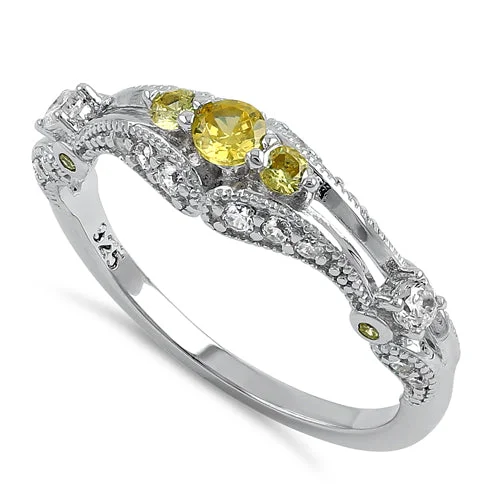 Ladies cushion-cut engagement ring-Sterling Silver Filigree Golden Yellow CZ Ring