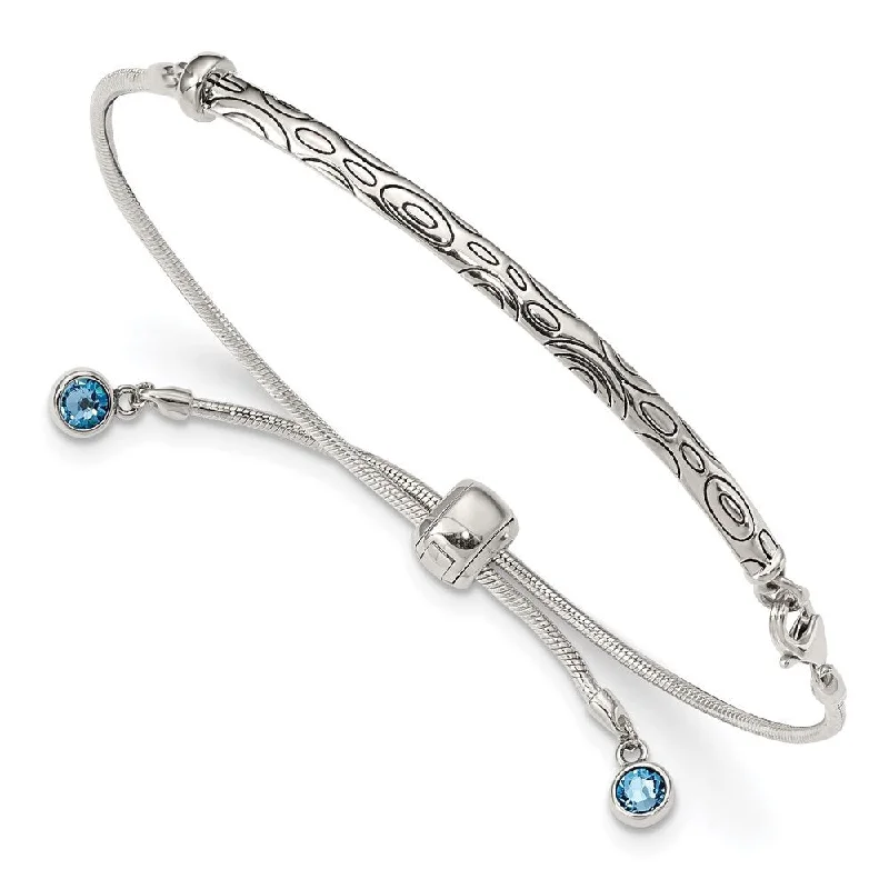 Ladies large bangle bracelet-925 Sterling Silver Blue Crystal Rd Bezel Adjustable Bracelet, "