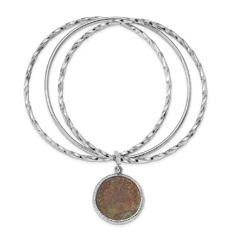 Ladies stylish bangle bracelet-925 Sterling Silver Rhodium-plated Bronze Roman Coin Bangle Bracelet