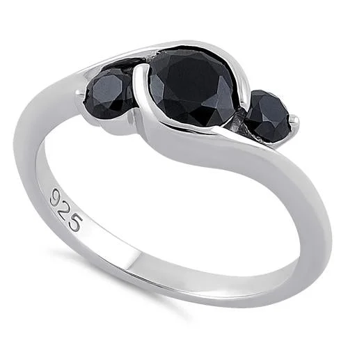 Ladies sapphire ring-Sterling Silver Triple Round Cut Black CZ Ring