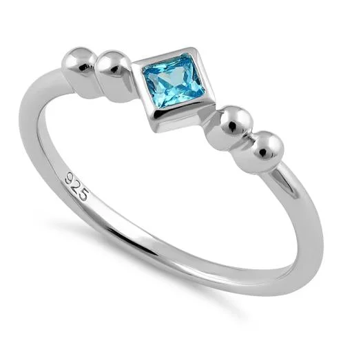 Ladies promise ring-Sterling Silver Unique Square Aqua Blue CZ Ring