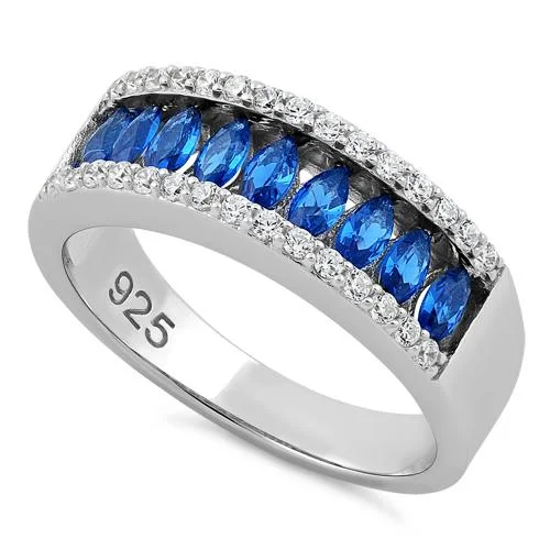 Ladies diamond band ring-Sterling Silver Marquise Blue Spinel CZ Ring