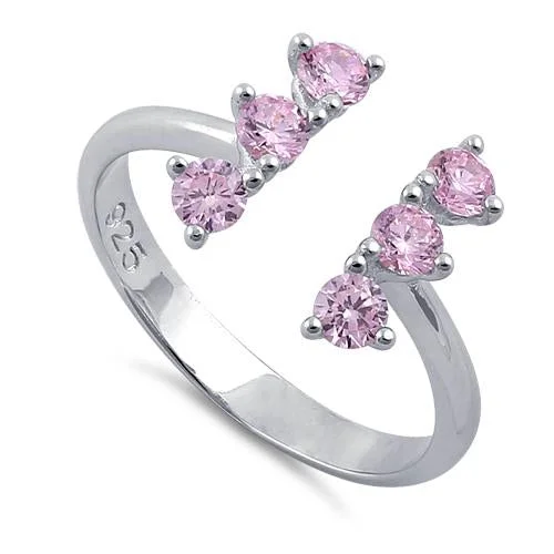 Ladies cushion cut diamond ring-Sterling Silver Pink Six Round Stones Adjustable CZ Ring