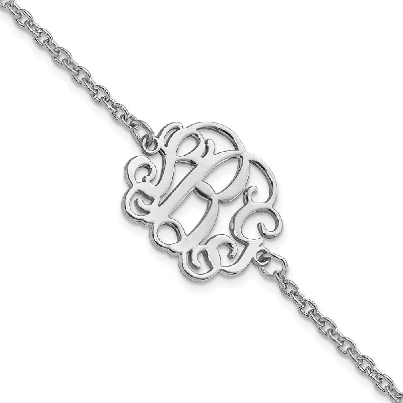 Ladies diamond bangles-925 Sterling Silver/Rhodium-plated Polished Monogram Bracelet, 7"