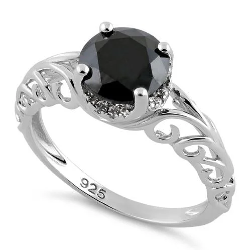 Ladies vintage ring-Sterling Silver Swirl Design Black and Clear CZ Ring